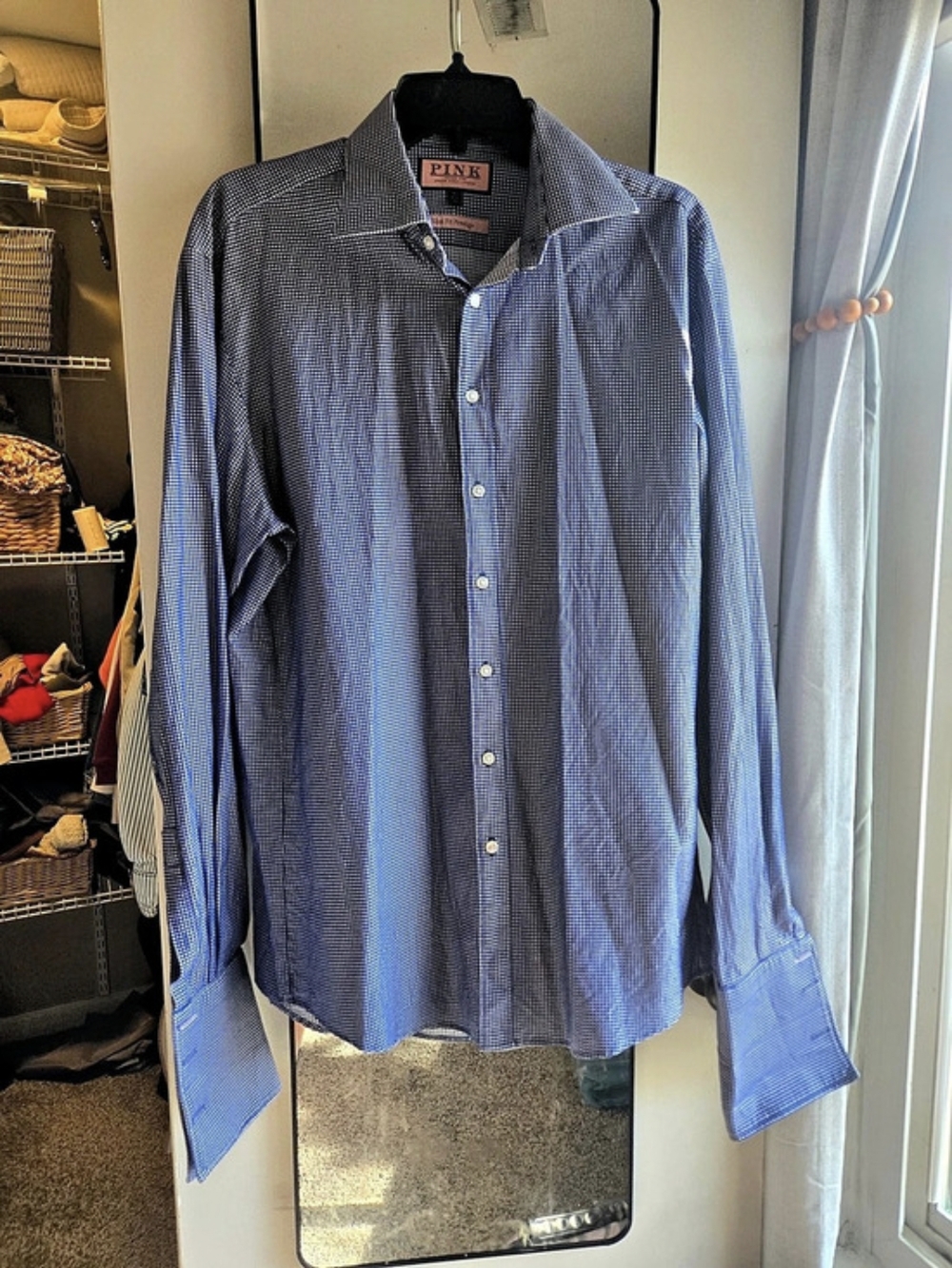 Thomas Pink Slim Fit Prestige Blue White Cotton Shirt Size 16 1/2 Medium